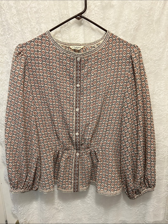 Max Studio Tops - Max Studio Cream, Blue, and Rust Geometric Peasant Blouse